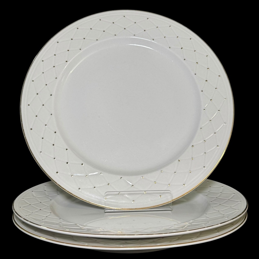 White and Gold Dinner Plates Gibson Golden Basket 10.5" Set of 3